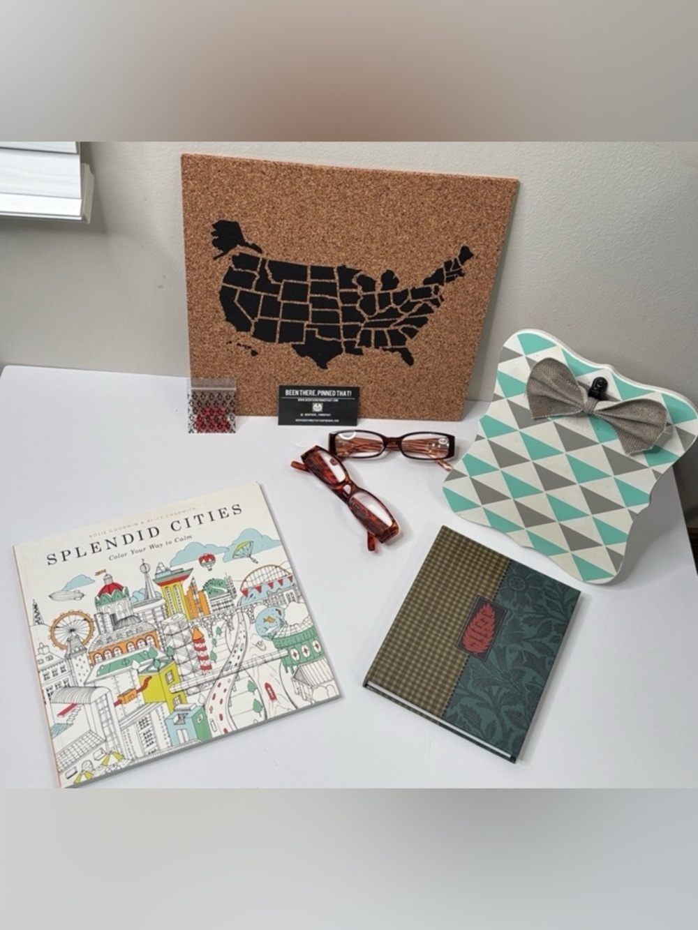 OFFICE BUNDLE CORK BOARD, JOURNAL, READING GLASSES, COLORING BOOK & CLIPBOARD